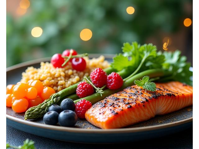 A vibrant plate of genetically optimized food (colorful vegetables, lean protein, healthy grains) alongside a stylized graphic of DNA strands, illustrating the connection between genetics and nutrition.
